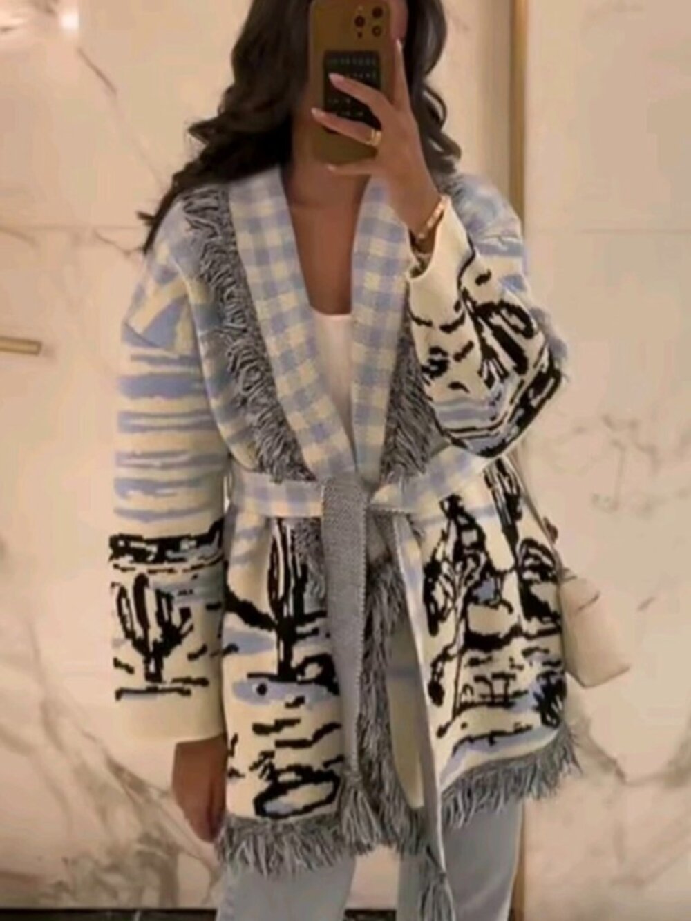 Vintage Jacquard Print Knit Fringe Cardigan Women Lapel Lace Up Loose Long Sleev - Picture 3 of 11
